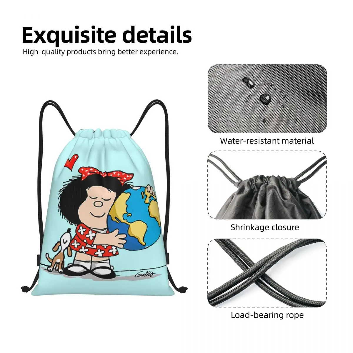 Mafalda World And Her Puppy Drawstring Backpack Sports Gym Bag for Men Women Quino Comic Cartoon Shopping Sackpack