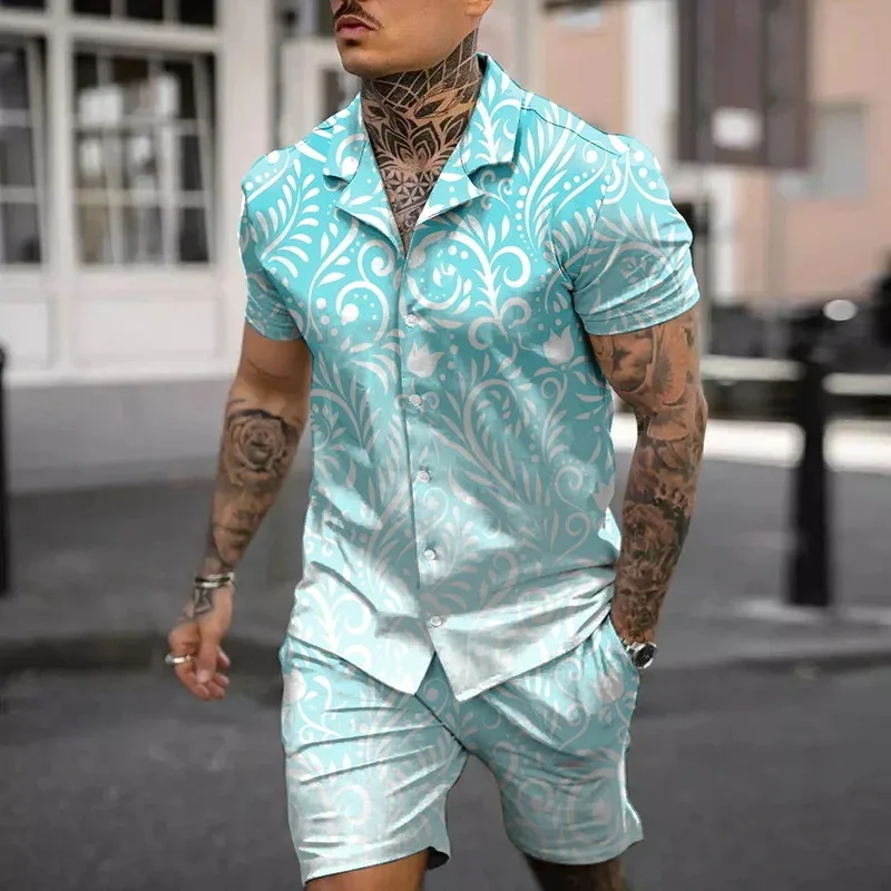 Conjunto de camisa con estampado 3D para hombre, traje Hawaiano de manga corta con patrón de rayas y cadena dorada Retro, pantalones cortos de playa