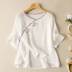 Women Summer Simplicity Loose Embroidered Solid Color Cotton and Linen O-neck Short Sleeve Shirts Ladies Fashion All-match Tops