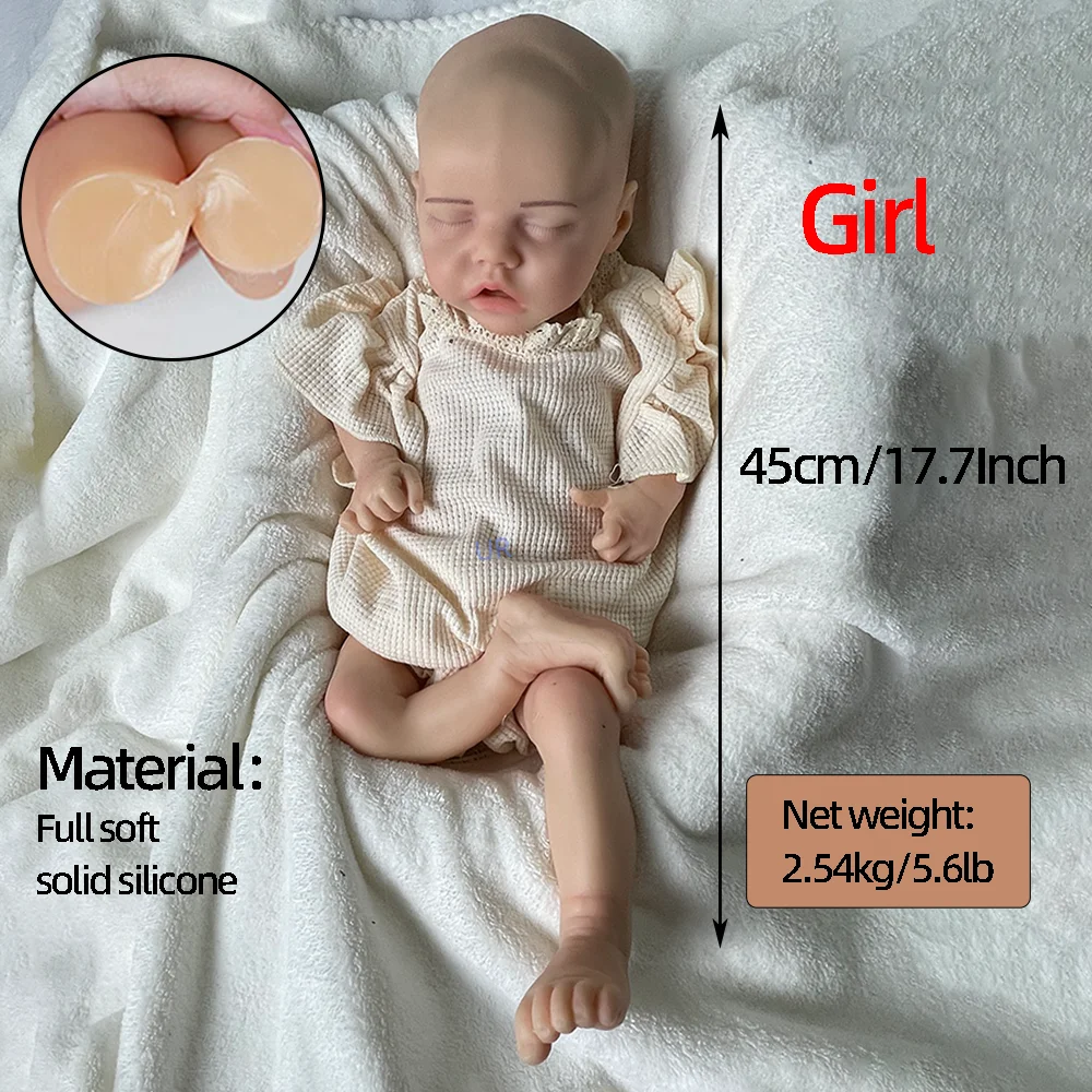 18 "Pinted Girl Reborn Baby Dolls Completa Sólida Silicone Acabado Realista Dormir Boneca Natal Colecionáveis