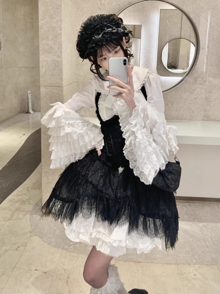

Vintage Lace Patchwork Lolita Shirt Women Y2k Peter Pan Collar Bow Tops Mujer 2025 Summer New Black Long Sleeve Blouses