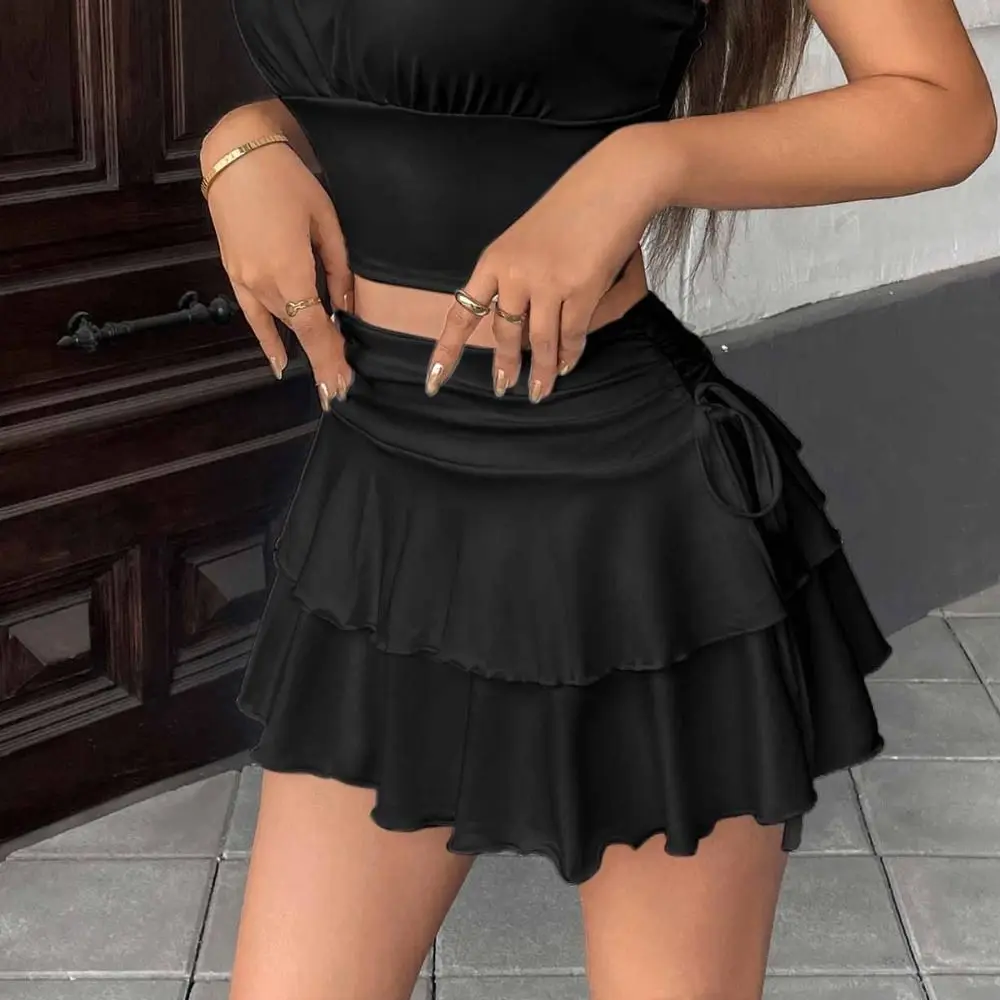 Solid Color Lace Up Girls Short Mini Skirt Slim Fit Ruffle High Waist A-line Skirt Cake Dress Teens Pleated Mini Skirts Summer
