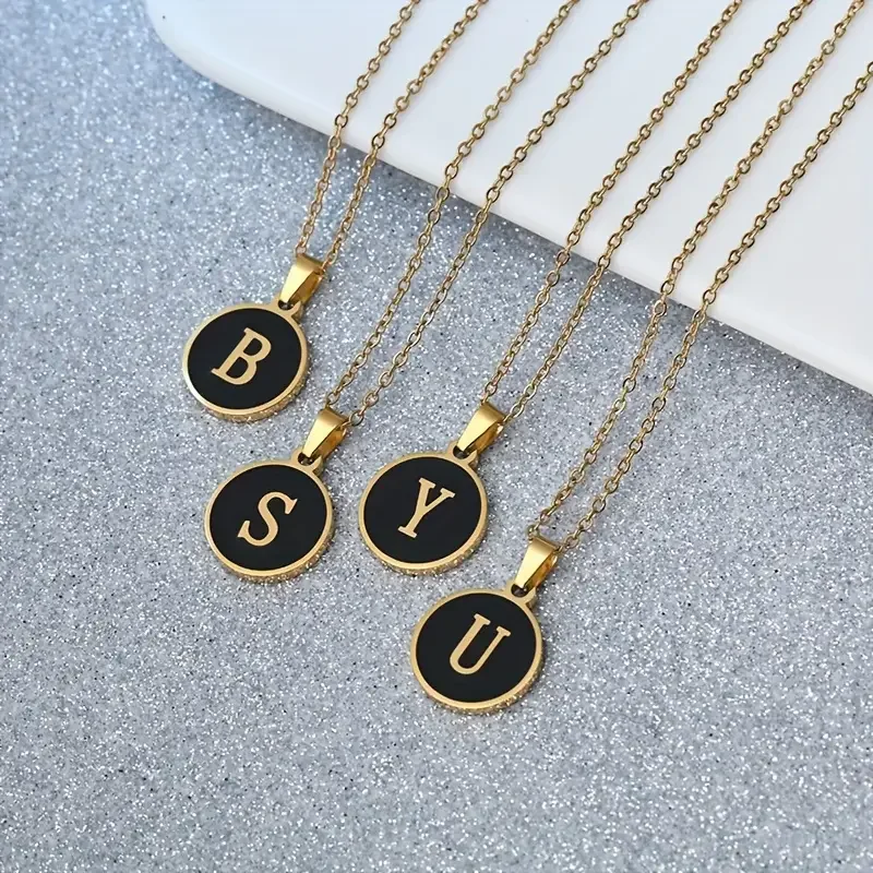 Initial Letter Black Round Stainless Steel Necklace For Women Girl Name Pendant Aesthetic Jewelry Wedding Mother Mom Gifts 2024