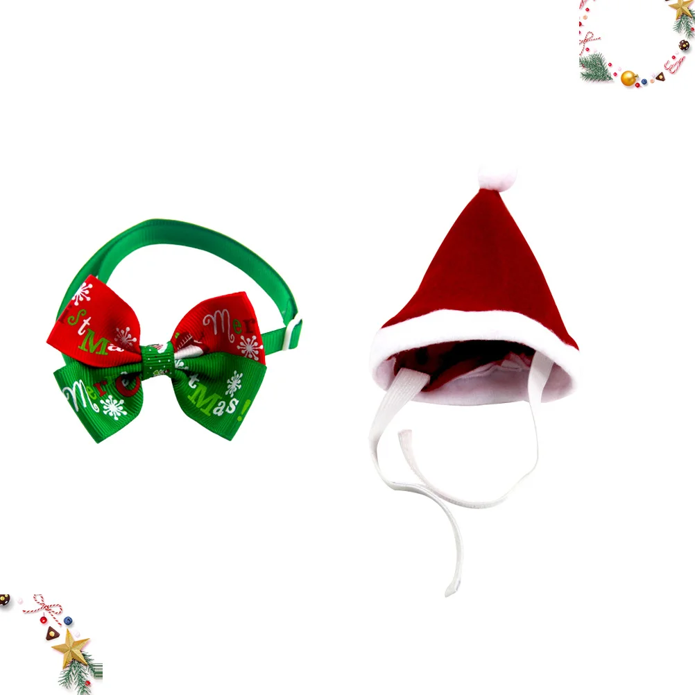 

2Pcs Pet Xmas Hat Set Adjustable Bow Tie and Hat Christmas Costume for Cats Dogs Pet Bow Tie Bowknot Shape Collar
