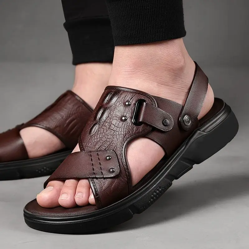 Sandalias de cuero de talla grande para hombre, zapatos clásicos de verano, zapatillas suaves, calzado romano cómodo para caminar al aire libre