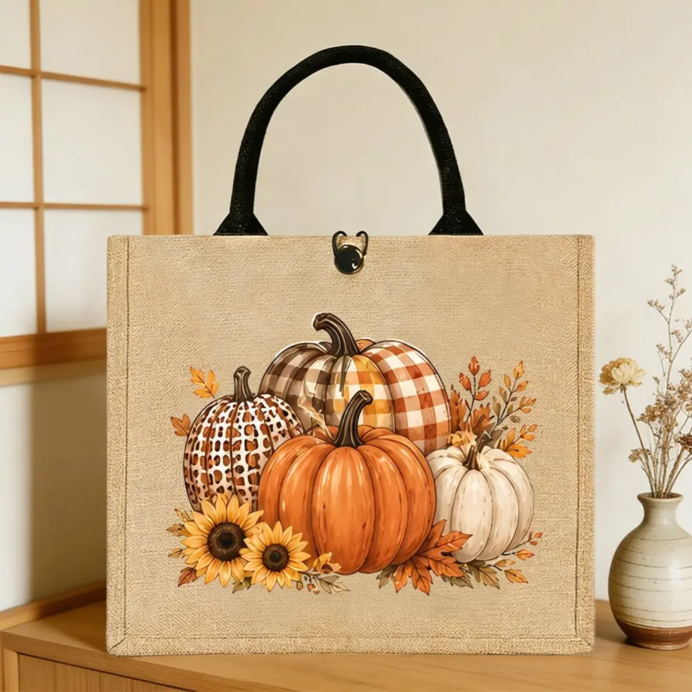 Fall Plaid Leopard Pumpkin Jute Tote Bag Autumn Sunflower Maple Leaf Print Shoulder Bag Thanksgiving Shopping Gift Handbag