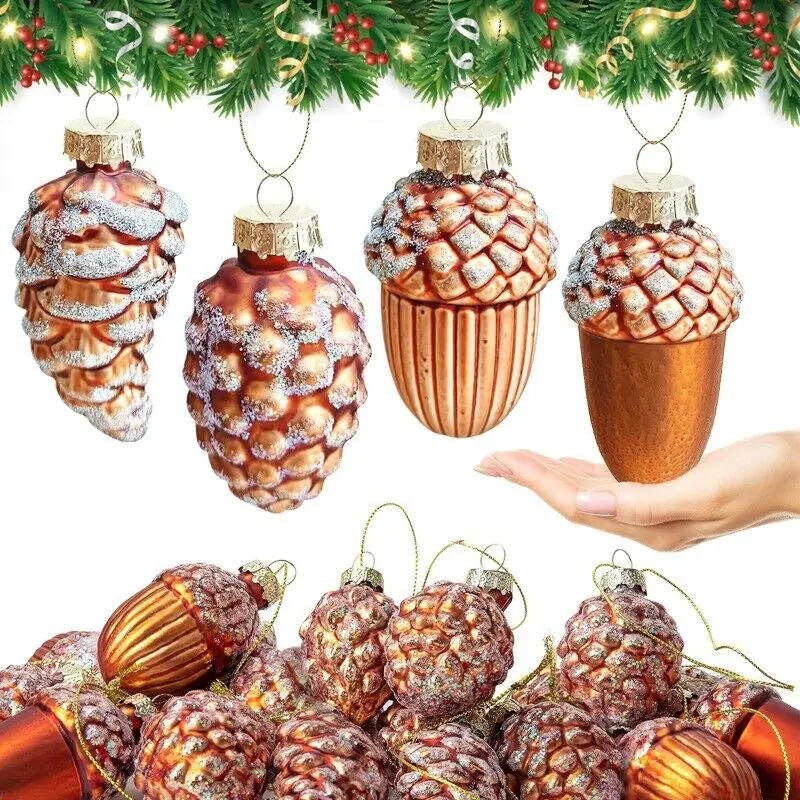 12pcs Christmas Tree Pinecone Glass Ornament Fall Hanging Christmas Tree Decor Hanging Wedding Traditional New Year Decor