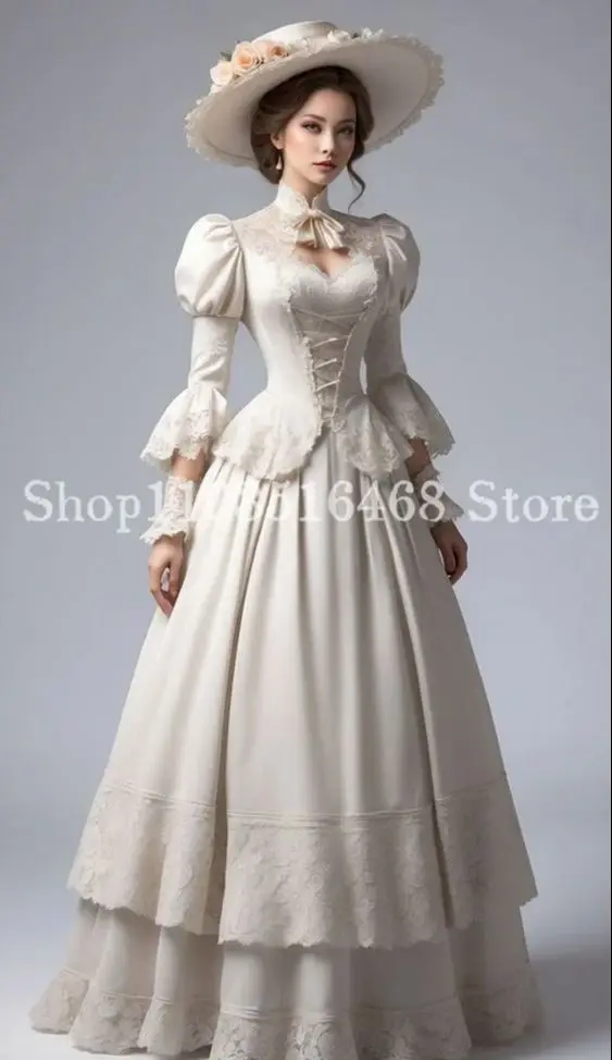 Elegant White A Line Evening Victorian Half Sleeve Lace Ruched Corset Corset Medieval Satin Women\'s Party Dresses vestidos