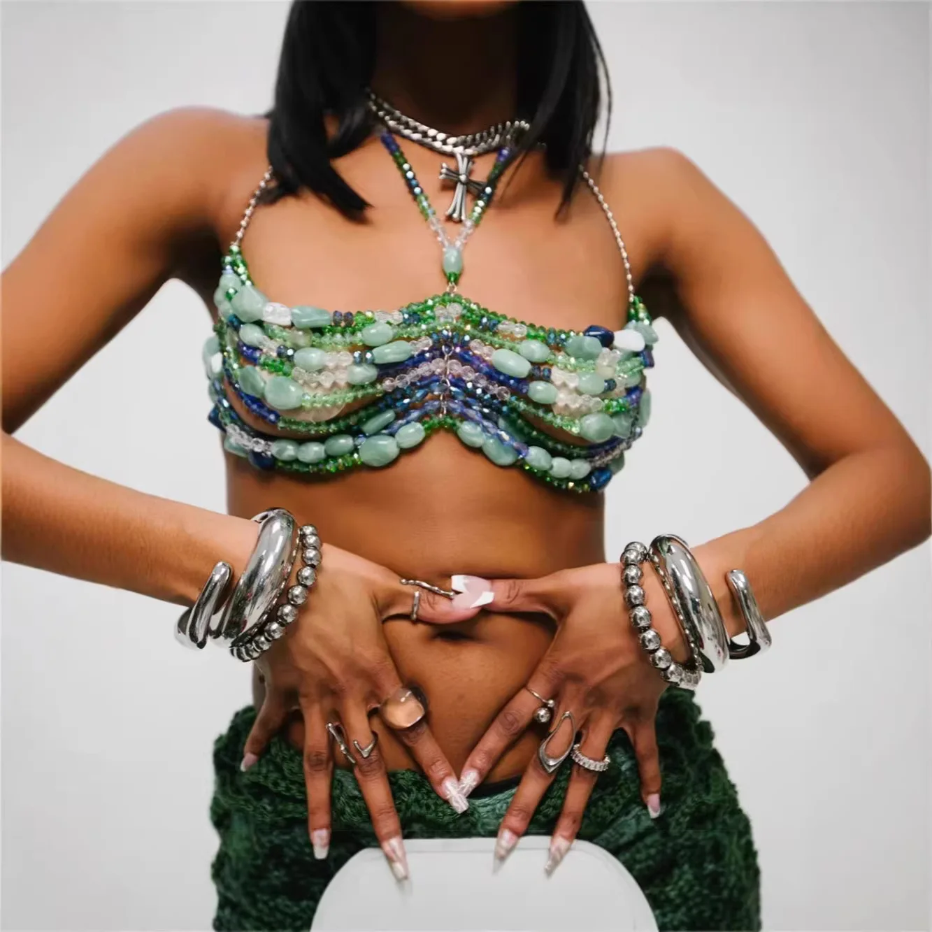 

New Handmade Beaded Bust Body Chain Festive Colored Gem Vest