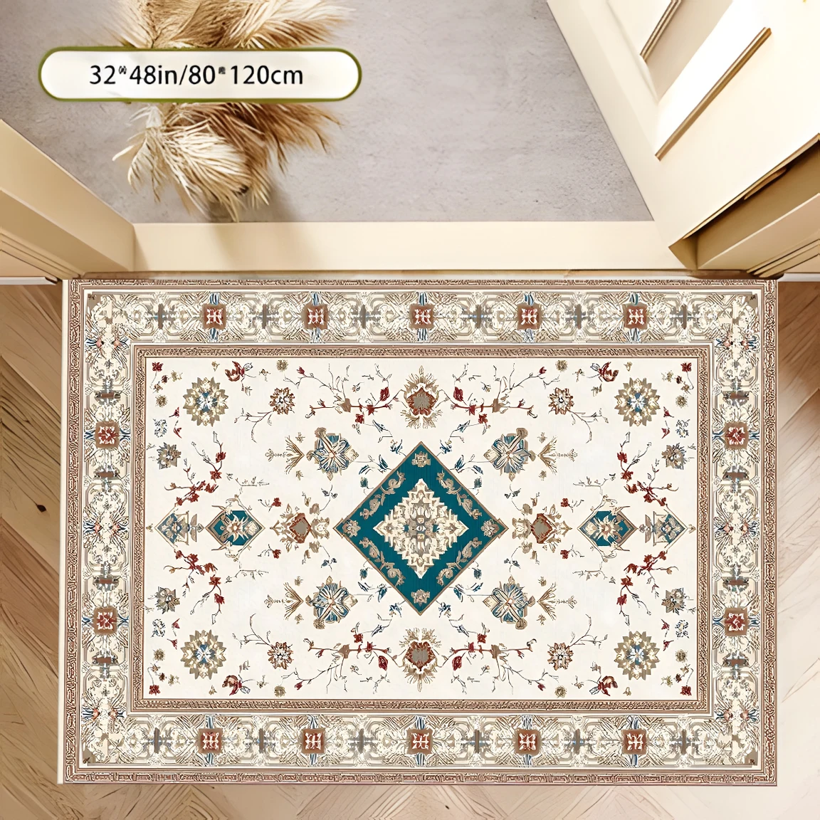 2D Large Rug with Retro Persian Diamond Pattern and Floral Design, Suitable for Living Room, Bedroom, and Coffee Table, Instantly Refreshes Autumn and Winter Decor