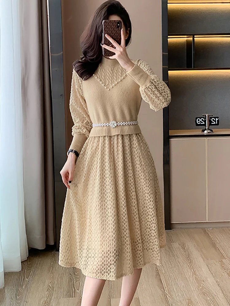 Women Fashion Plaid Hollow Out Bodycon Beading Long Dress 2024 Luxury Elegant Sweater Dress Autun Winter Korean Casual Vestidos