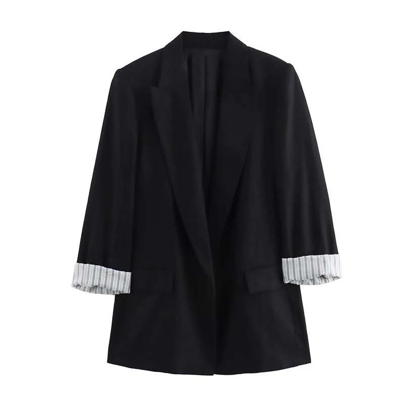 ZHUISHU Wiosna Jesień Damska lniana marynarka Casual Roll Sleeves Luźna, wszechstronna dekoracja kieszeni Płaszcz garniturowy