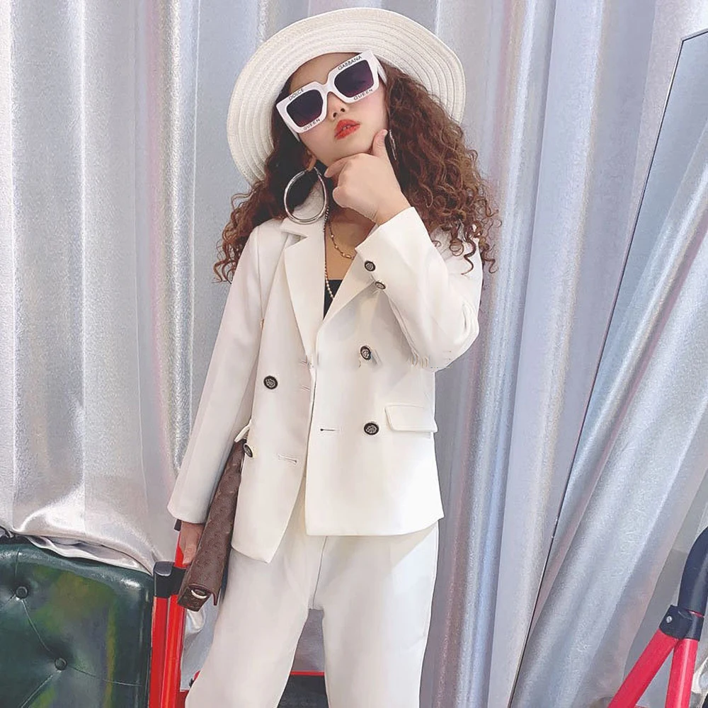 

Fashion Girls Suits Elegant Notch Lapel Double Breasted Child Wear Party Wedding Slim Daily Casual Kids Clothes 2 Piece