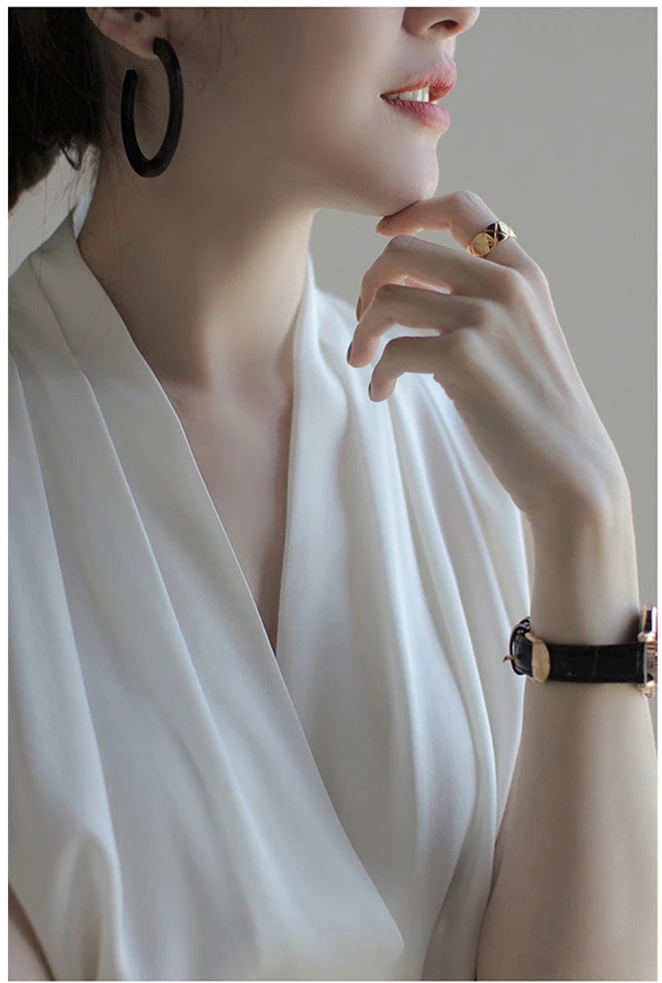 Super Value Women\'s Luxury Summer White Sleeveless Shirt V-neck Sleeveless Satin Top Shirt OL White Top Chiffon Women Top