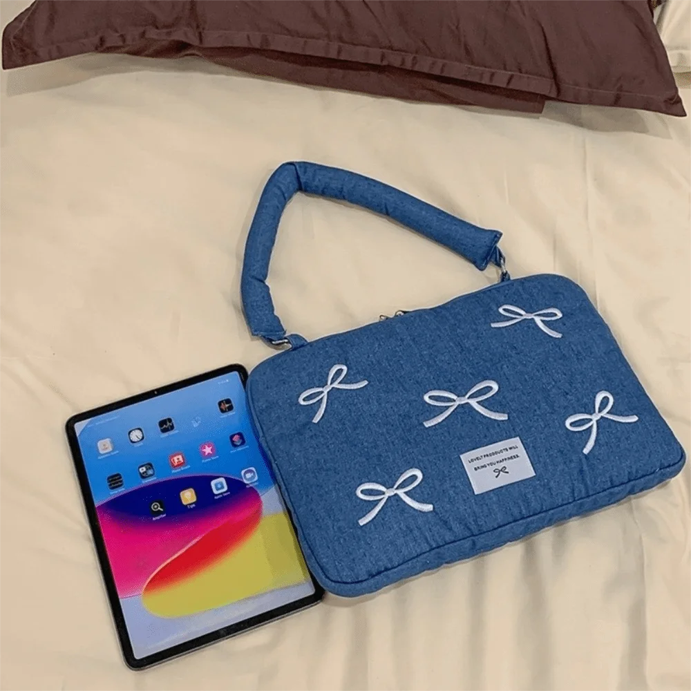 Modern Fashion Computer Bag Bowknot Embroidered Shockproof Laptop Sleeve Soft 14 Inches Computer Handbag College