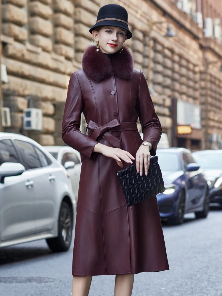 Chaqueta de plumón de piel auténtica para mujer, abrigo largo ajustado con Cuello de piel de zorro, chaquetas de piel de oveja pura, ropa de invierno, 2023