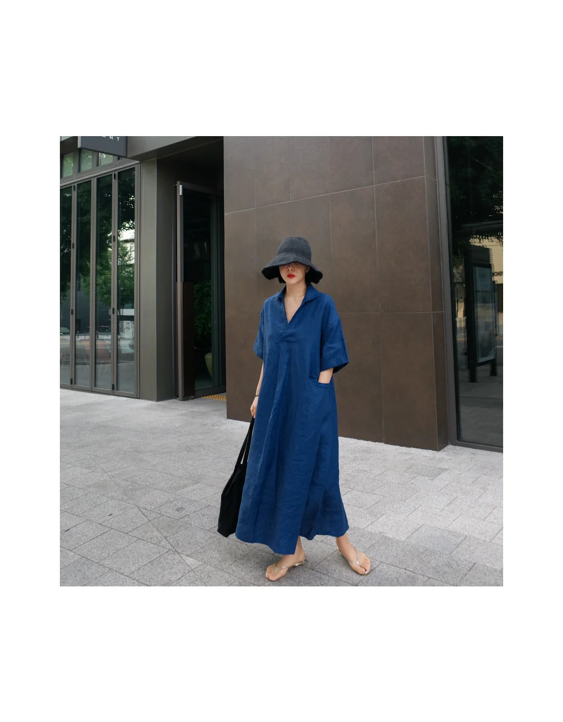 New 2023 Female Fashion Half Sleeves V Neck Solid Color Cotton Linen Elegance Splicing Regular Loose Dresses Office Lady