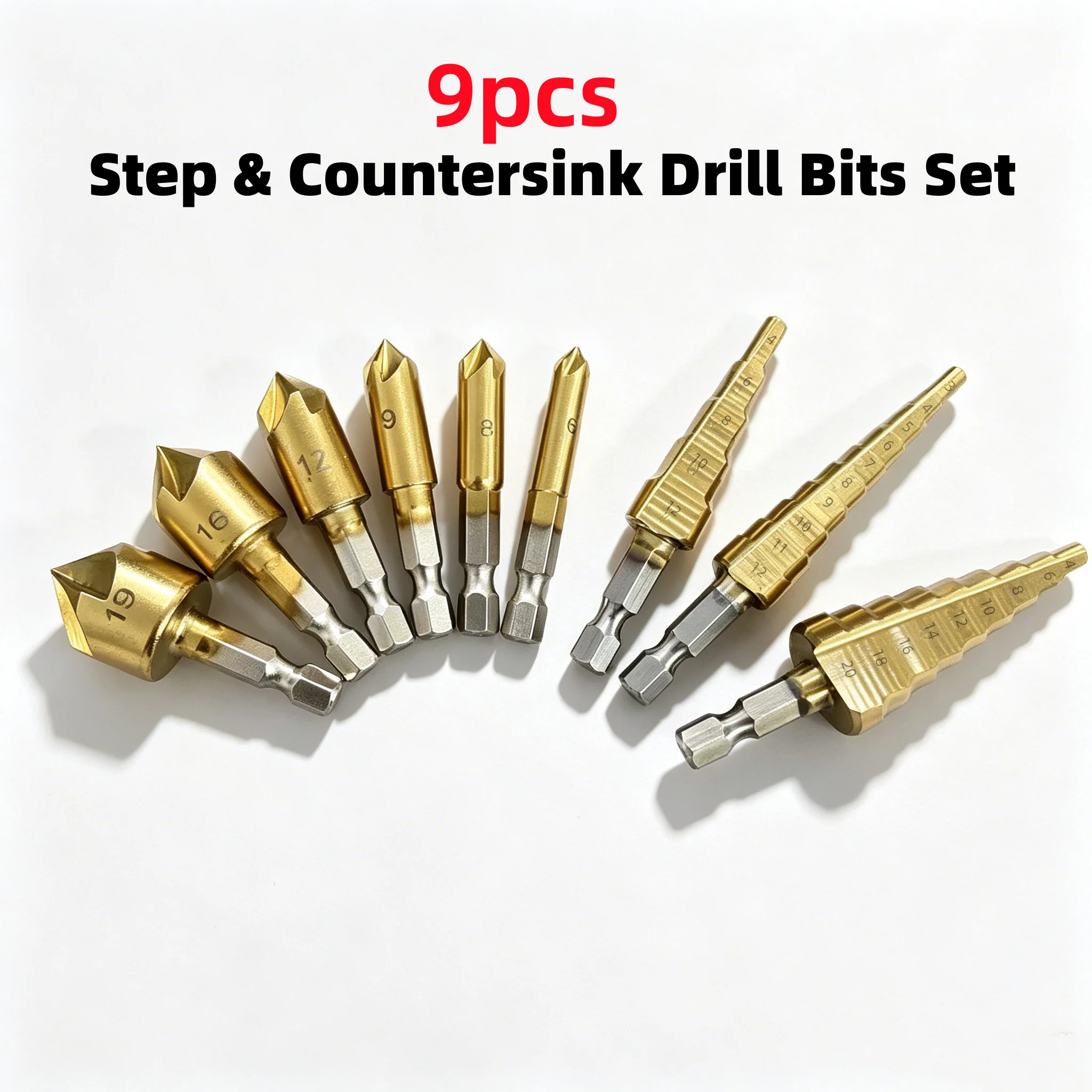 9Pcs Step Drill Bits & Countersink Drill Bits Set Titanium Coated Hole Opening Chamfer Deburring Drill Bits Kit For Wood Metal D