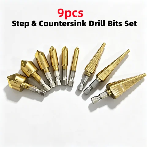 9Pcs Step Drill Bits & Countersink Drill Bits Set Titanium Coated Hole Opening Chamfer Deburring Drill Bits Kit For Wood Metal D