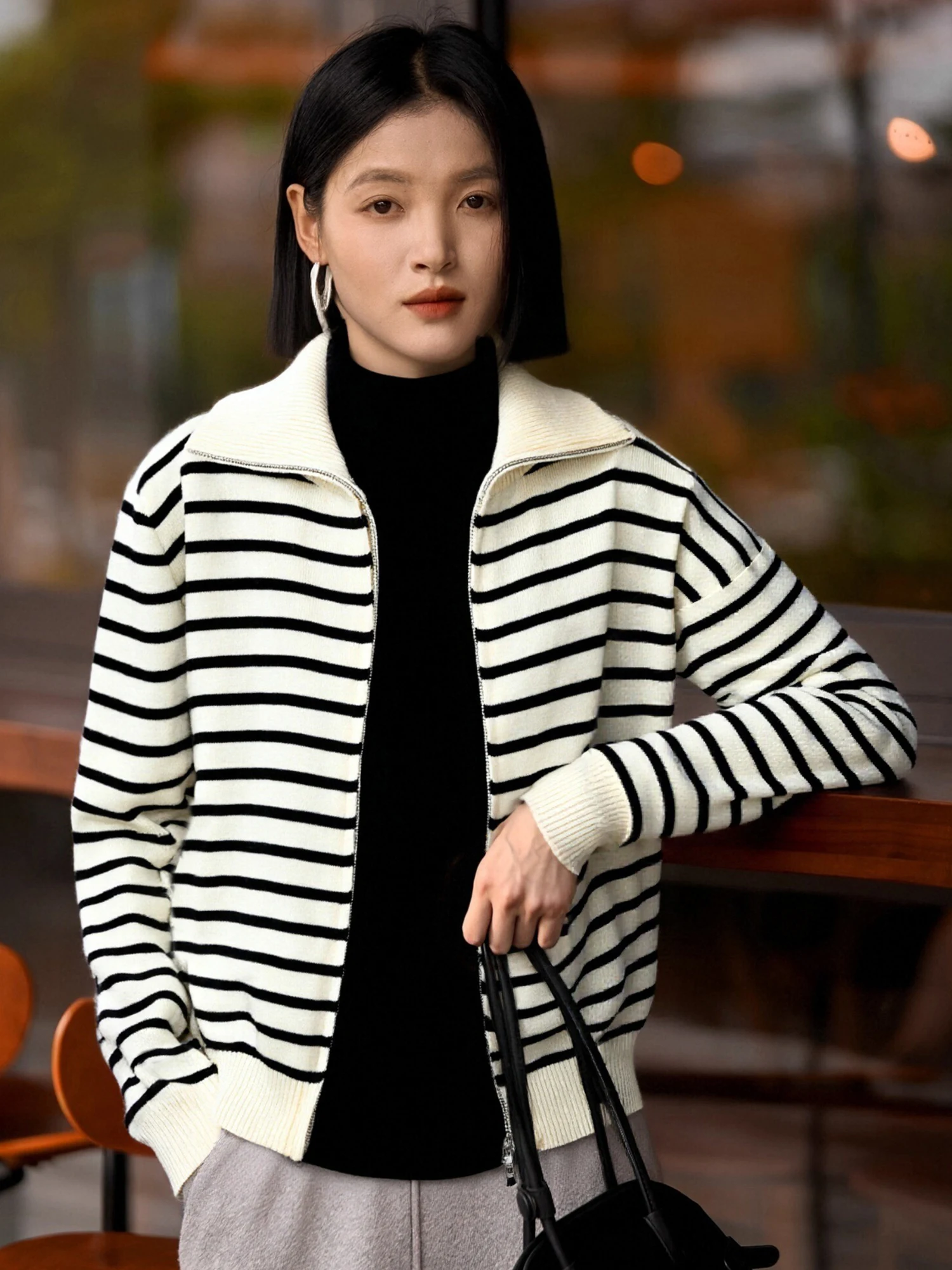 

Теплая женская верхняя одежда Chivirin с узором в полоску, на молнии, стандартного кроя, из трикотажной смесовой шерсти, для осени и зимы