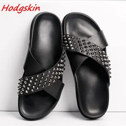 Black Cross Tied Summer Slippers for Men Open Toe Slingback Slip On Punk Flat with Shoes 2025 New Arrivals Casual Fashion Slides