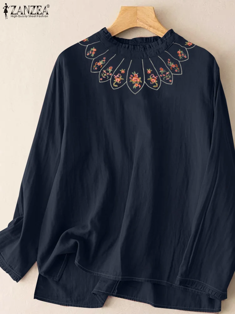 ZANZEA Long Sleeve Women Shirt Tops Ruffled Stand Collar Fashion Embroidered Autumn Blouses Elegant Casual Loose Blusas Mujer