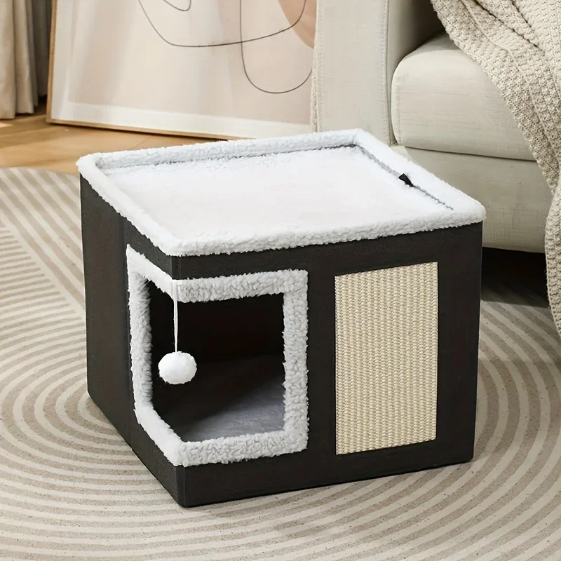 The Foldable Cat House with A Built-in Scraper Features A Sleek Modern Design and Includes A Non-slip Bottom for Added Stability