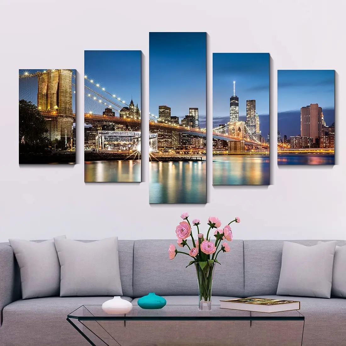 

5 Piece New York City Brooklyn Bridge Night View Landscape Wall Art Canvas Print Posters Home Decor for Living Room Paintings