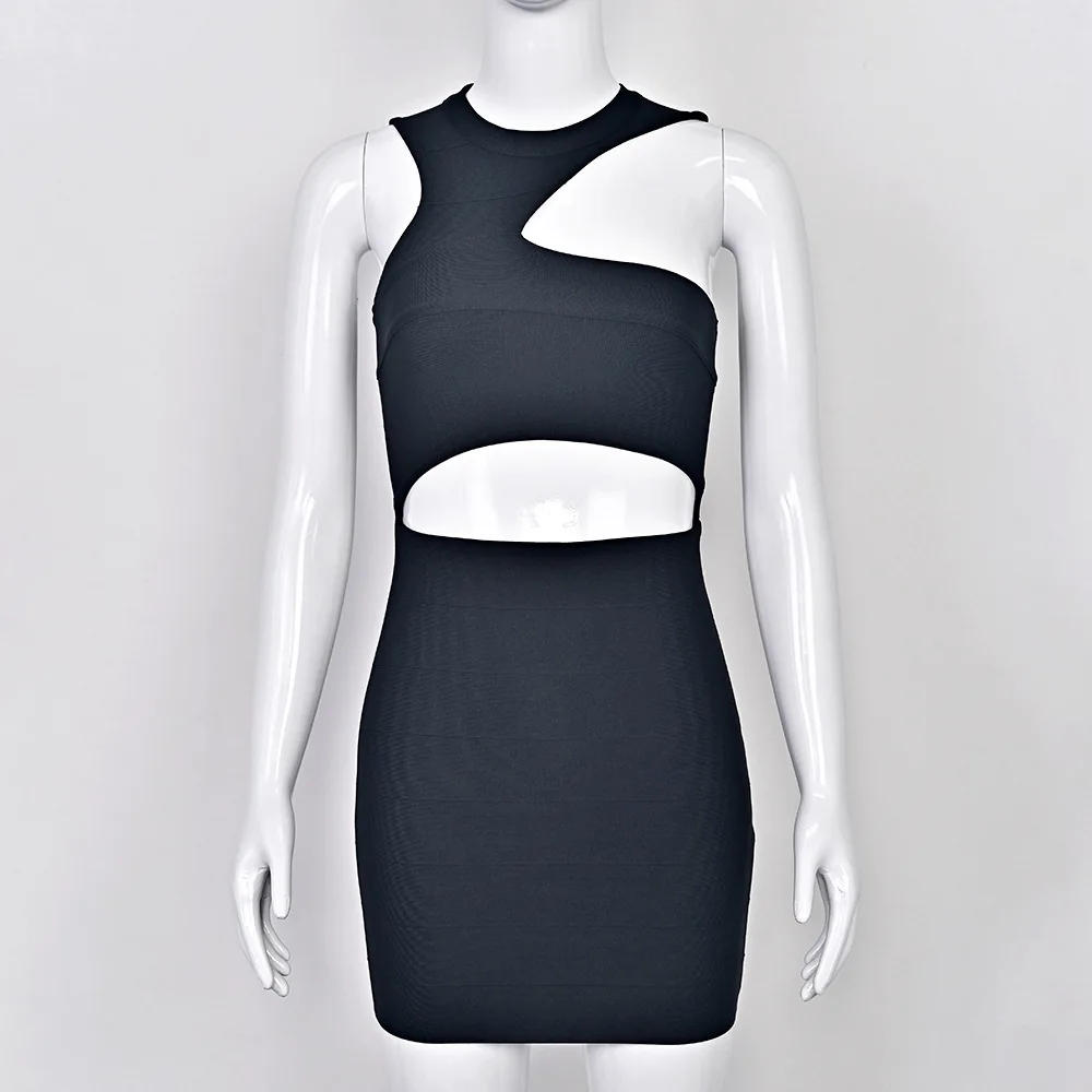 Fashionable Women's Black Asymmetric Hollow Out Off-Shoulder Bandage Mini Dress Sleeveless High Waist Bodycon Party Club Gowns