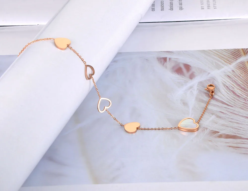 Lokaer Titanium Stainless Steel White Shell Love Heart Choker Necklaces Bracelets For Women Girls Trendy Jewelry Sets SE073