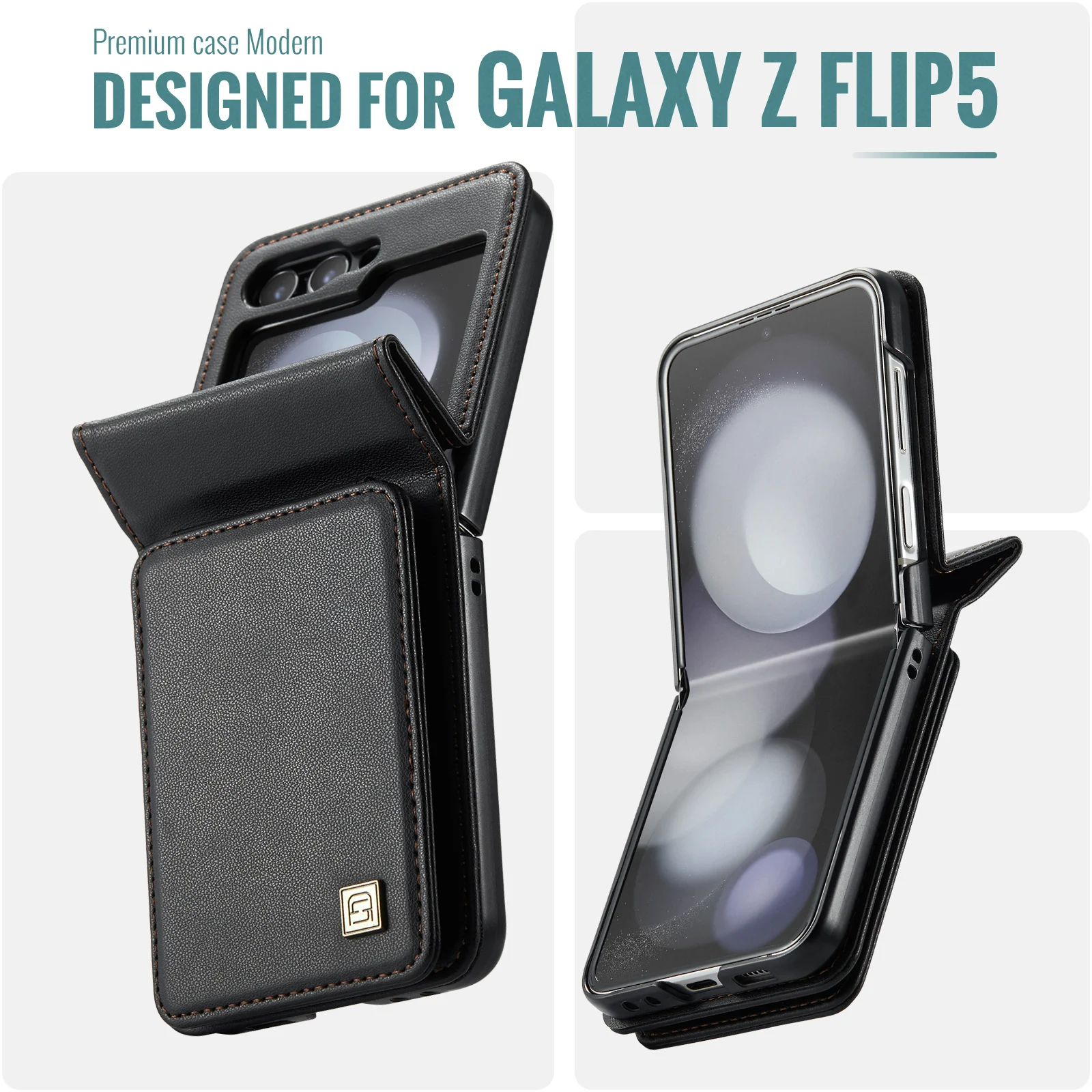 AUTSPACE Luxury Foldable Magnetic Card Bag Leather Case for Galaxy Z Flip 5 Shockproof Heavy Duty Slim Wallet Case Folding Cover