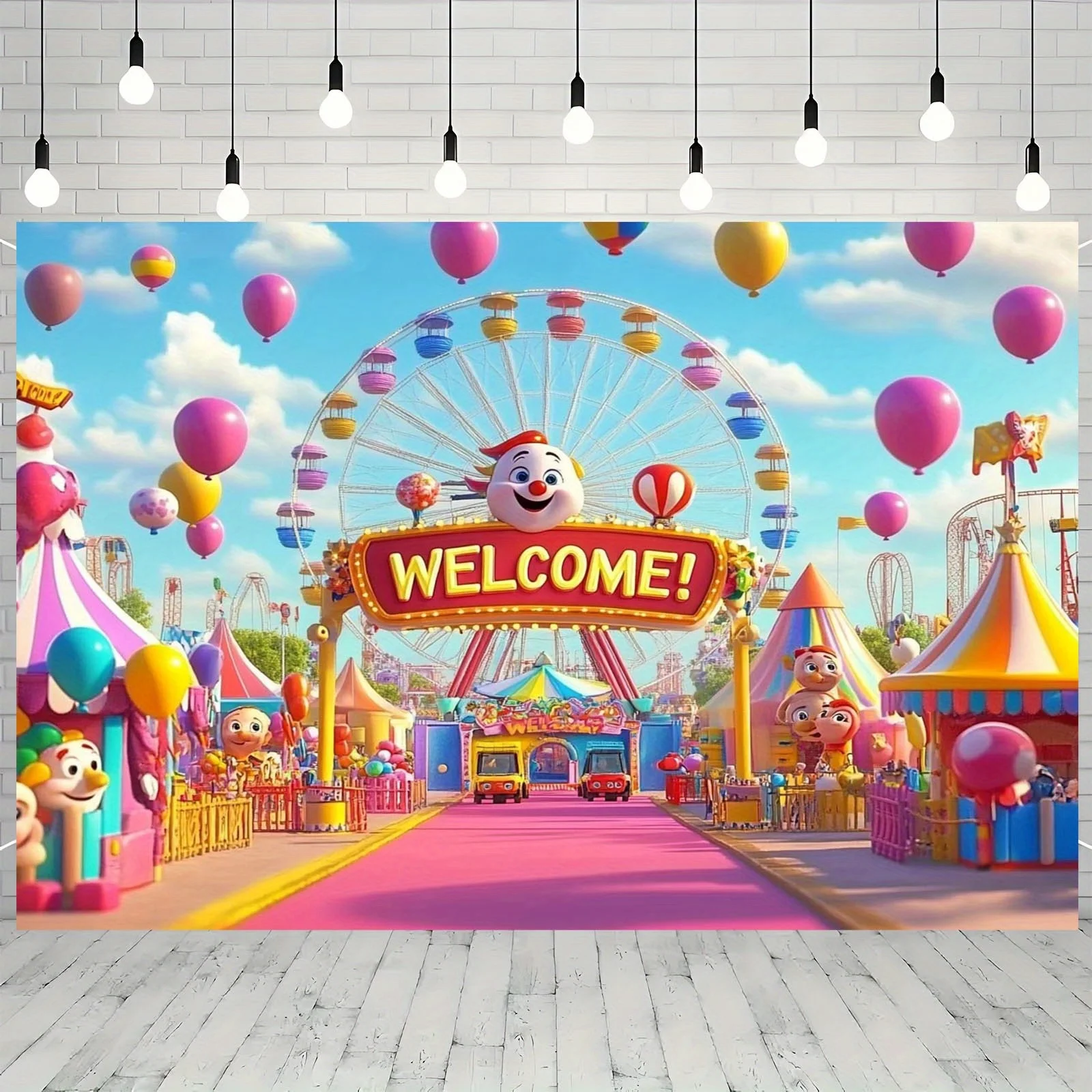 1 piece of 2D flat banner - Vibrant amusement park background flag - Vibrant carousel and balloon pattern design