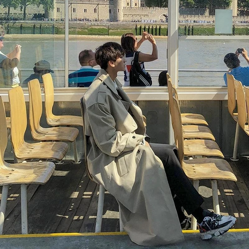 

Men's Fashionable Long Trench Coat Spring Autumn Korean Style Slim Fit Overcoat Mid Length Thin Outerwear for Men