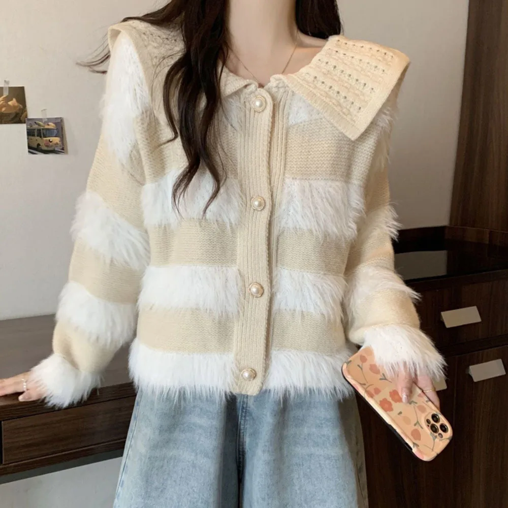 Autumn/Winter Doll Collar Knitted Shirt Striped Sweater Jacket Women's Autumn/Winter 2024 New Lazy Style Cardigan Jacket