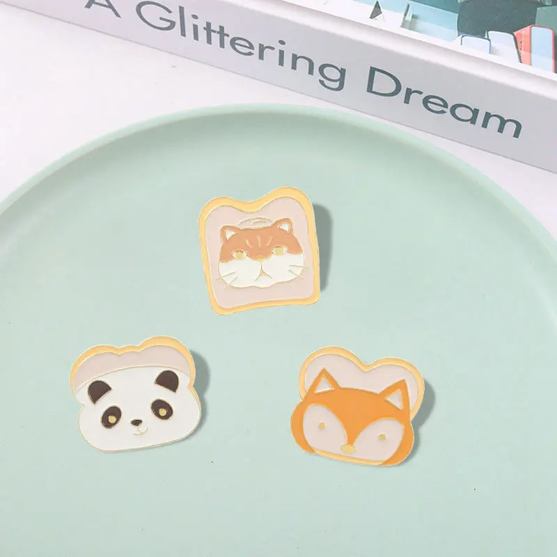 Toast Animal Enamel Pins Custom Breakfast Toast Cat Dog Fox Panda Brooch Lapel Badge Fun Cartoon Jewelry Gift for Kid Friend