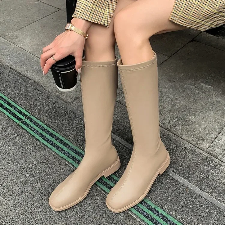 Riding Boots Women Shoes Real Leather Mid Heel Knee-High Boots Square Toe Block Heels Zip Long Boots Autumn Winter 40