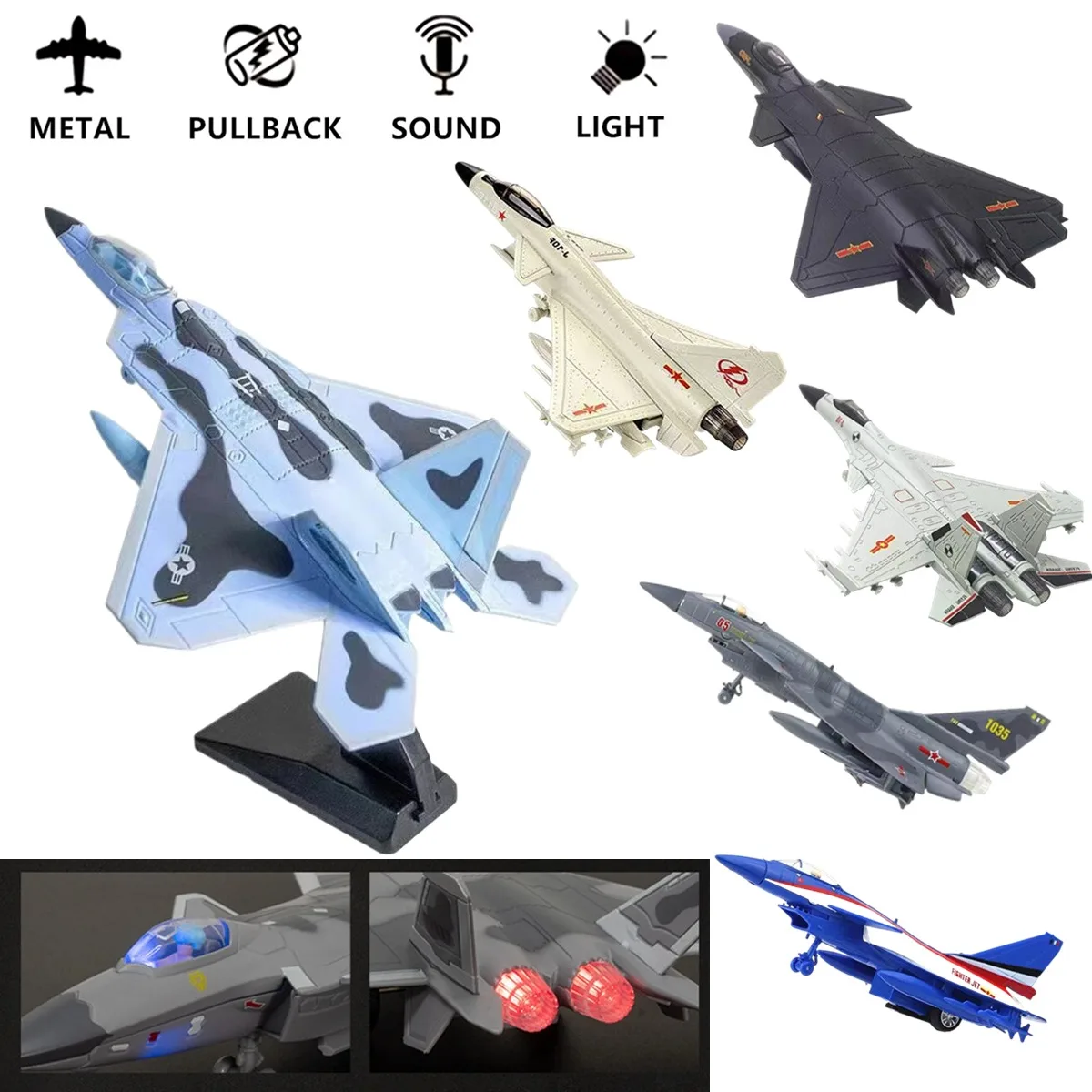 1:50 Pullback & Go Jet Fighter Игрушечный самолет, со световым звуком, масштаб литья под давлением F16 F22 F35 B2 J31 Модель самолета Мальчик Подарок ребенку