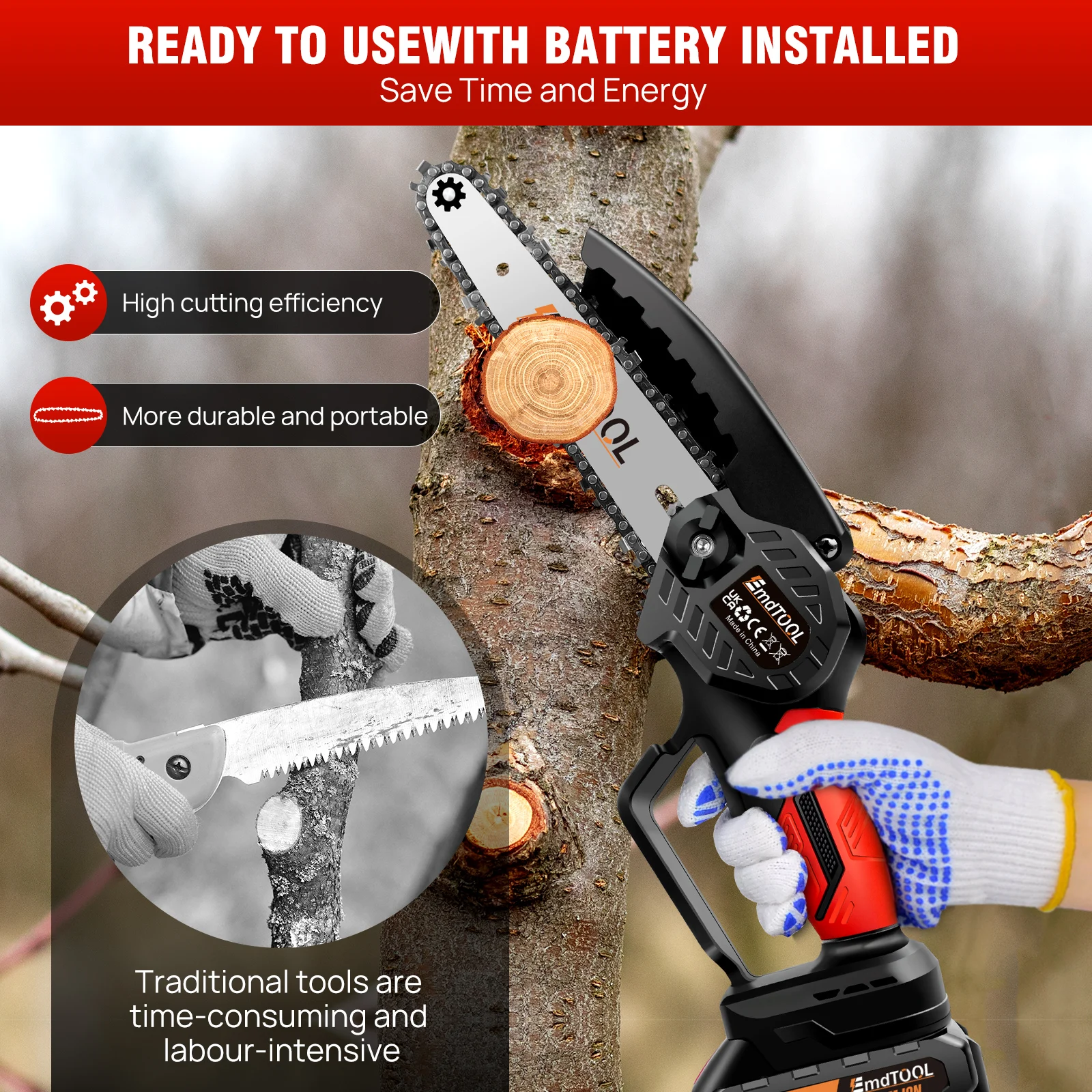 700W 21V Akku-Kettensäge 6 Zoll, 1,5Ah Akku, Reinkupfermotor, 3500 U/min, 2 X Legierungsstahlketten, zum Schneiden und Beschneiden – Detail 9