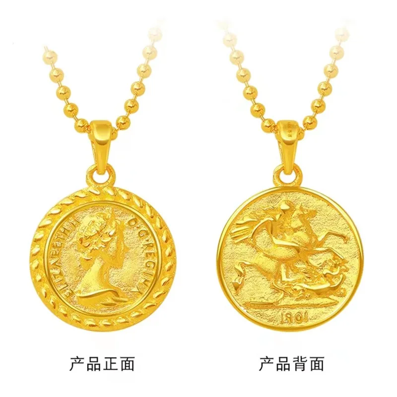 Cynlo Jewelry Women's 24K Gold AU999 Majestic Double-Sided Queen Necklace Ancient-chiseled crown with iris-lion motifs, regal fo