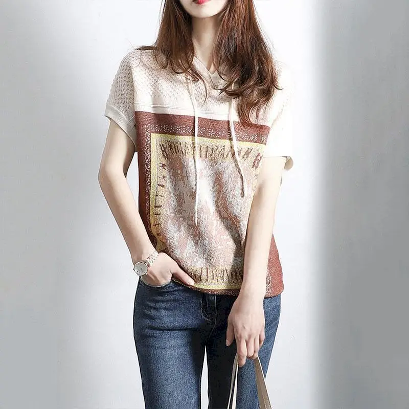 

Fashion T Shirts Women Geometric Print Hooded T-shirt Casual Loose Short Sleeve Oversized Tops Summer Trend Slim Thin Tshirt Y2k