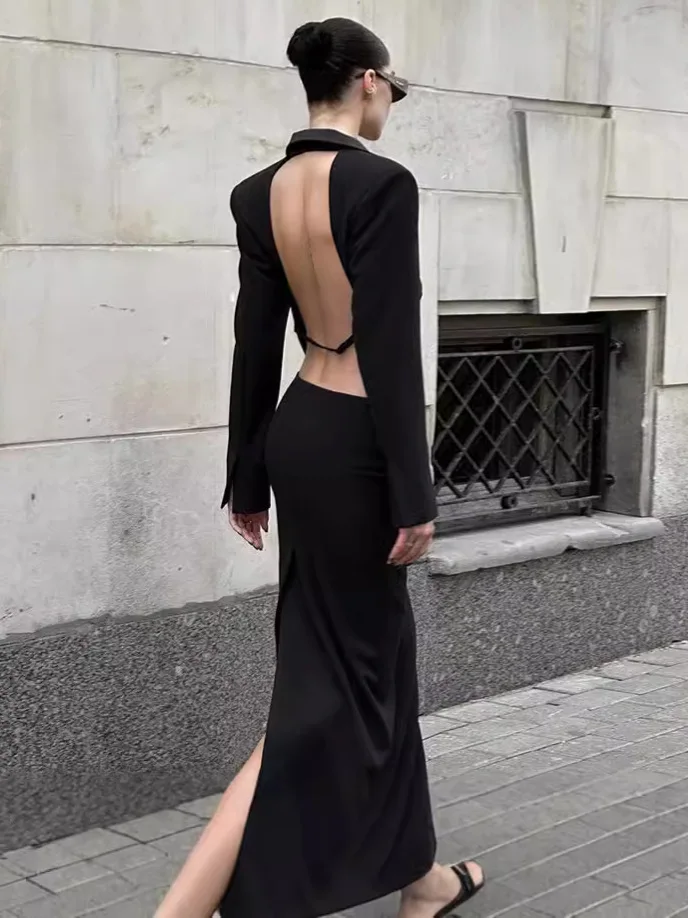 

Women Summer 2 Pieces Outfits Solid Color Turn-down Collar Backless Long Sleeved Tops Suit High Waist Slit Skirts Sets