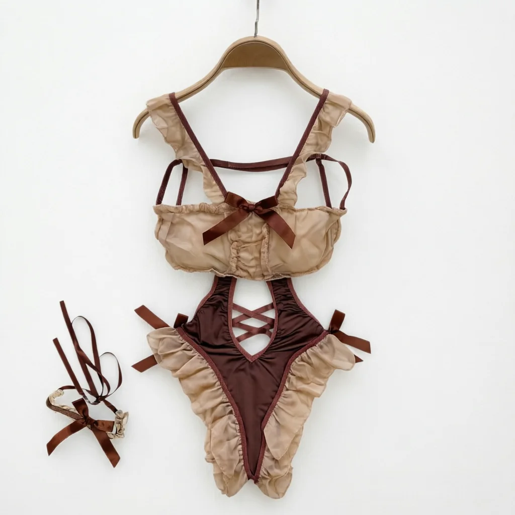 Sexy Bodysuits Bowknot Patchwork Mesh Hollow Hotsweet Lovely Bear Soft Gauze Playsuit Pajama Club Cosplay Costume Women Clothing