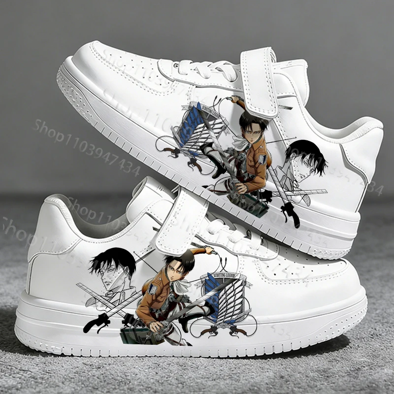 進撃の巨人-男の子-女の子-キッズ-ホワイトシューズ-四季通用-通気性-ユニバーサル-ソフトソール-プリント-スケートボードシューズ-サイズ-28-40