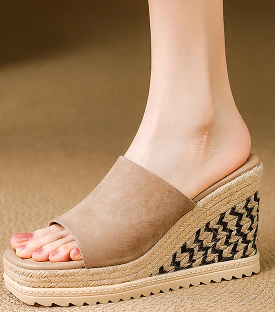 LIHUAMAO, sandalias de cuña de gamuza de cuero de vaca para mujer, alpargatas, zapatos de tacón informales, zapatos de cuña para mujer, sandalias de plataforma con talón descubierto