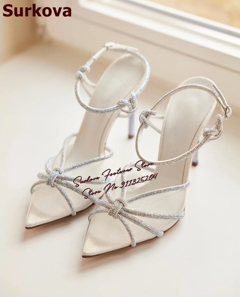 

Surkova сандалии на каблуке с серебряными кристаллами и узлом-бабочкой, блестящие свадебные туфли со стразами и галстуком-бабочкой, блестящие модельные туфли-лодочки с ремешками