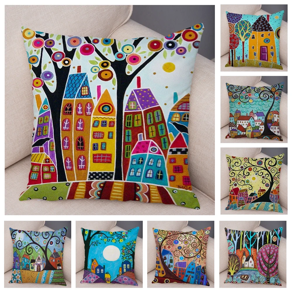 Retro Rural Color Cities Cushion Cover for Sofa Home Car Decor Colorful Cartoon House Pillow Case Tree Short Plush Pillowcase