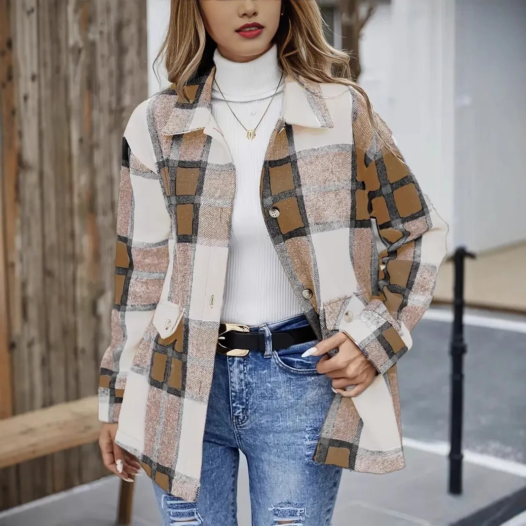 Loose Fit Plaid Coat British Style Single Breasted with Multiple Buttons Notched Lapel Long Sleeves Pockets Women Autumn Jacket