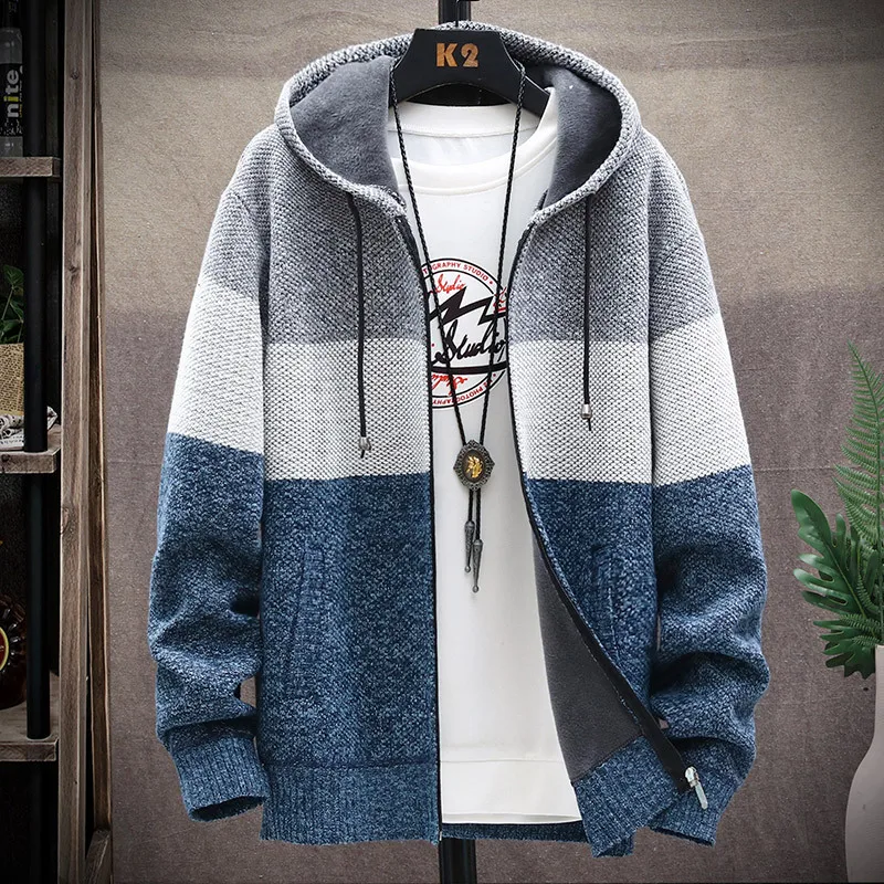 

Men's Cardigan Jackets Autumn Winter Wool Sweater Jacket Men's Casual Hooded Jacket Pop Warm Colorblock Jacket Coat Knitwear