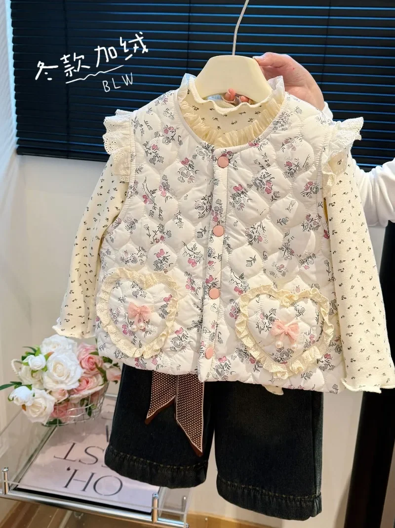 UNITIM Herbst Winter Kinder Mädchen Weste 2-8 Jahre Mädchen Blumendruck Ärmellose Jacke Lose Verdickte Warme Kinder Mädchen Oberbekleidung – Detail 7