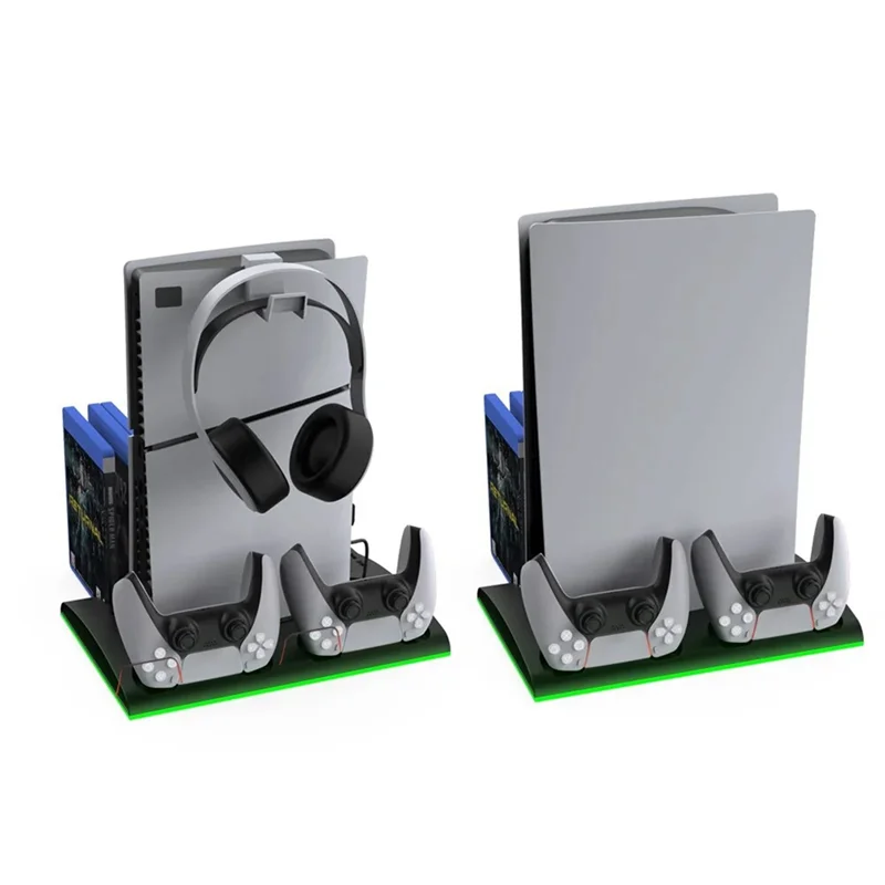 Ladeständer mit Lüfter für PS5 und PS5 Slim-Konsole, Dual-Controller-Ladestation mit 9 RGB-Leuchten, langlebig (weiß)